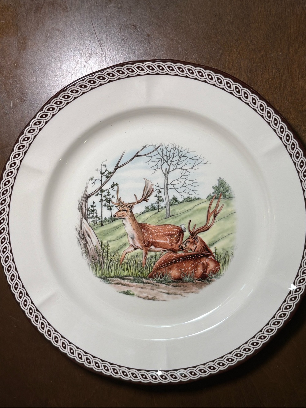 White Ceramic Dinner Plate with Brown Deer Scene and Decorative Brown Rim